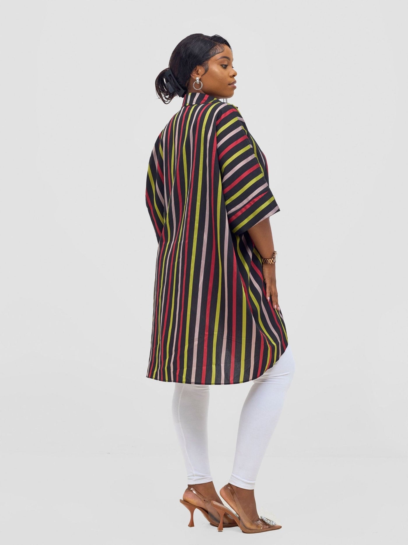 Vivo Mistari 3/4 Sleeve V - Neck Collared Tunic Top - Red / Olive Stripes - Shopzetu