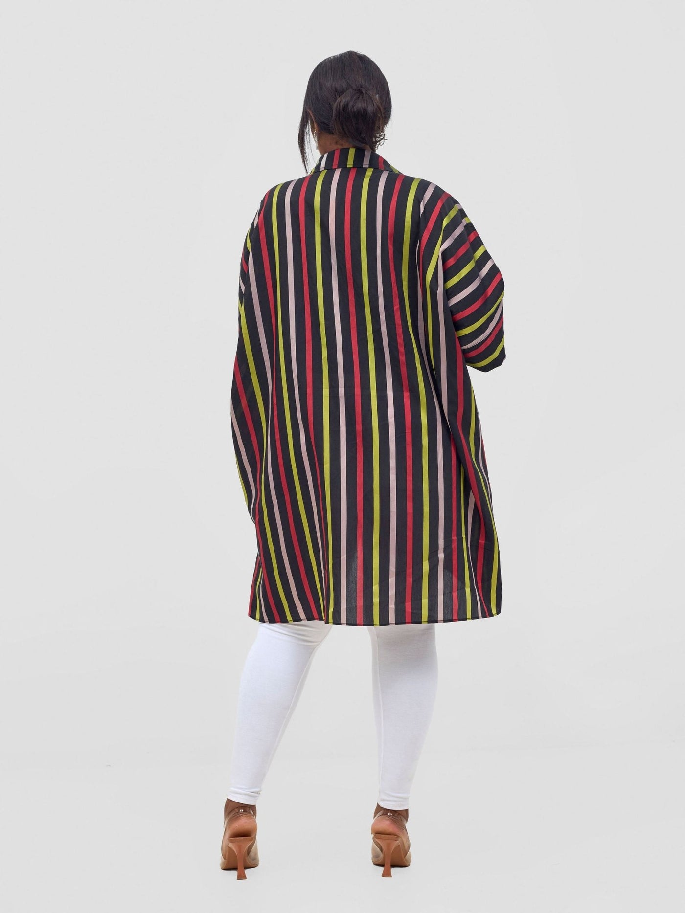 Vivo Mistari 3/4 Sleeve V - Neck Collared Tunic Top - Red / Olive Stripes - Shopzetu