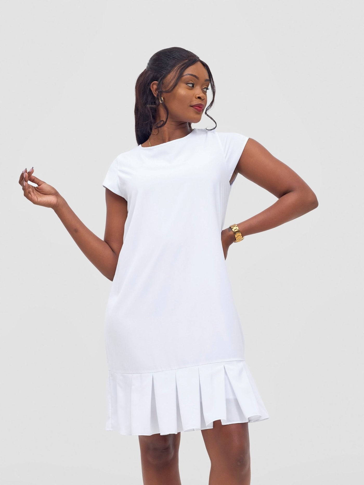 Vivo Zawadi Inverted Pleat Dress - White - Shopzetu