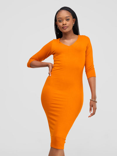 Vivo Basic 3/4 Sleeve Double Layered Bodycon Dress - Burnt Orange