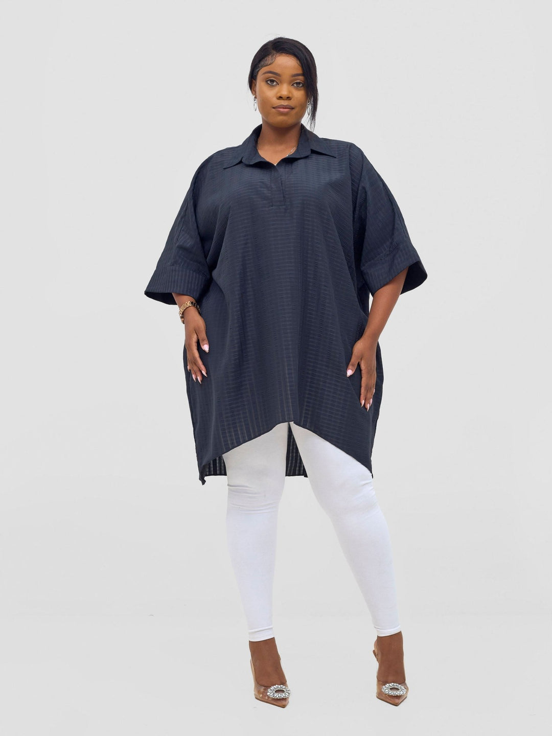 Vivo Mistari 3/4 Sleeve V - Neck Collared Tunic Top - Black stripes - Shopzetu