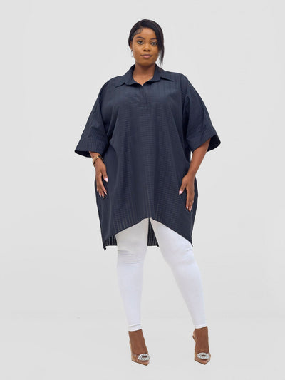 Vivo Mistari 3/4 Sleeve V - Neck Collared Tunic Top - Black stripes - Shopzetu