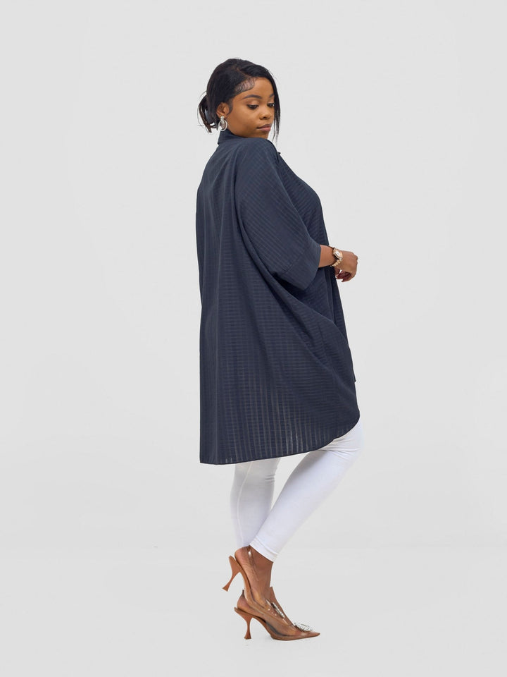 Vivo Mistari 3/4 Sleeve V - Neck Collared Tunic Top - Black stripes - Shopzetu