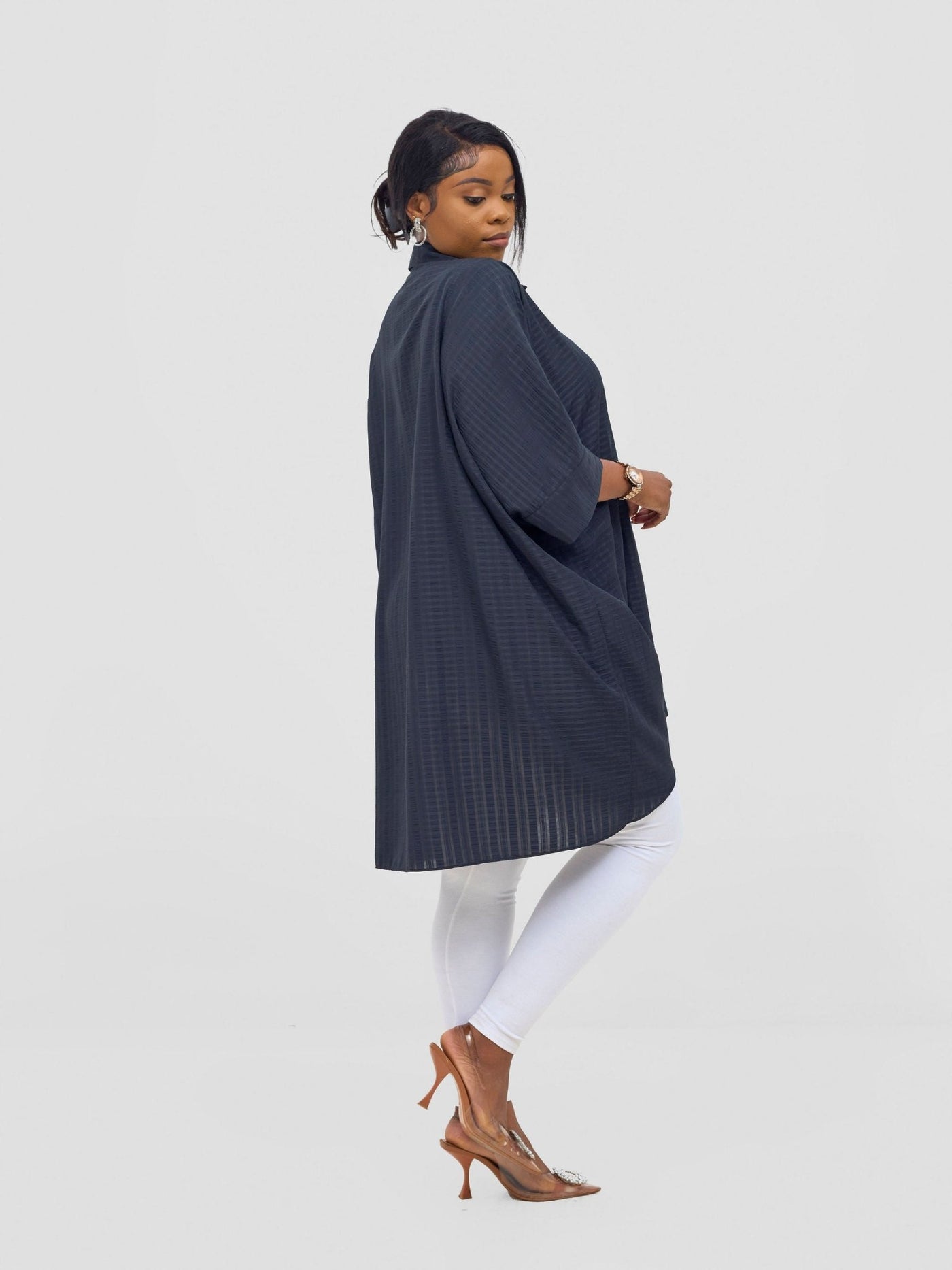 Vivo Mistari 3/4 Sleeve V - Neck Collared Tunic Top - Black stripes - Shopzetu