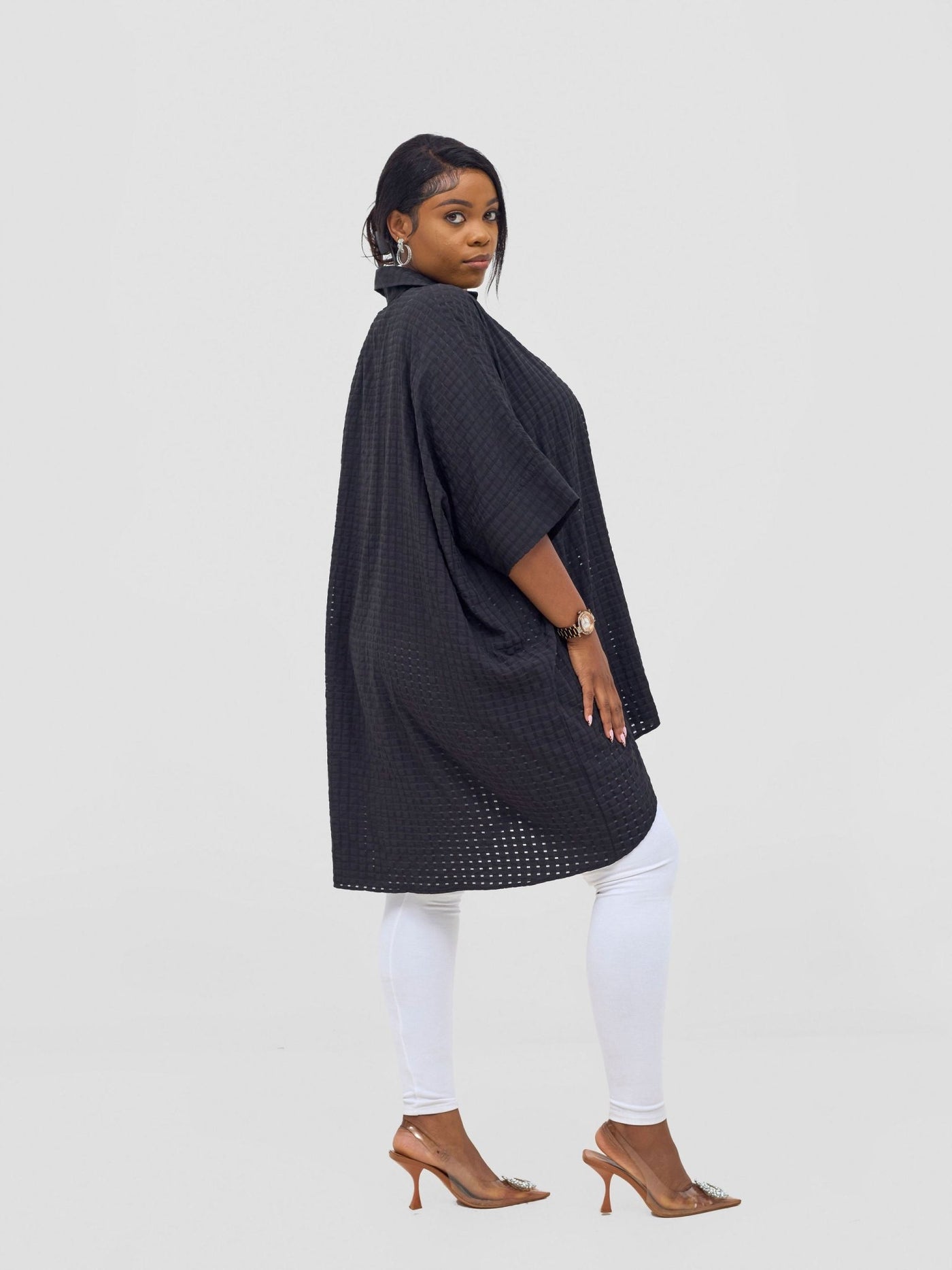 Vivo Mistari 3/4 Sleeve V - Neck Collared Tunic Top - Black Textured - Shopzetu