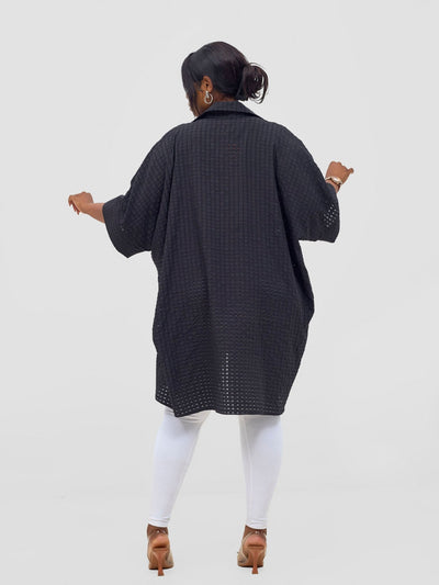 Vivo Mistari 3/4 Sleeve V - Neck Collared Tunic Top - Black Textured - Shopzetu