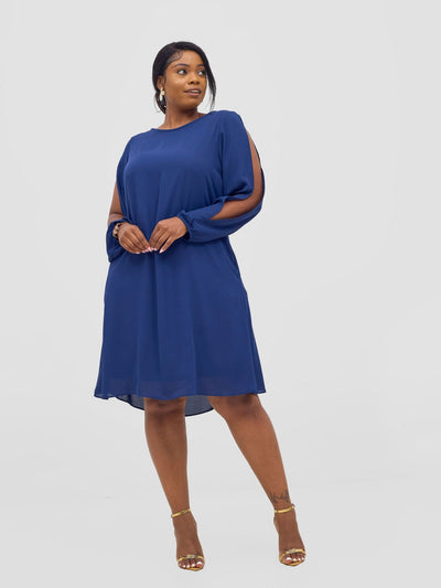 Vivo Lamu Knee Length Chiffon Dress - Navy - Shopzetu