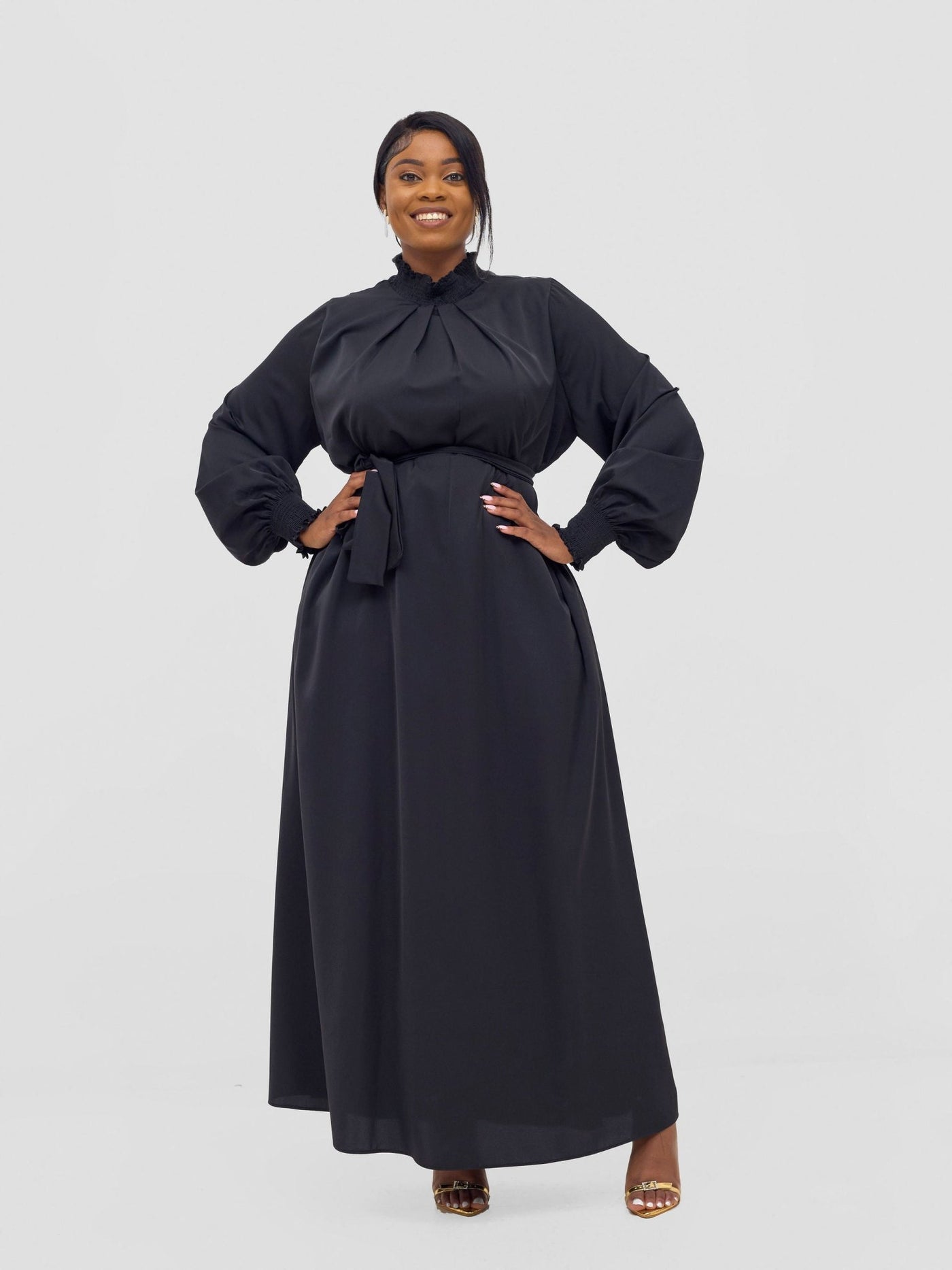 Vivo Ayah Shirred Neck Tent Maxi Dress - Black - Shopzetu