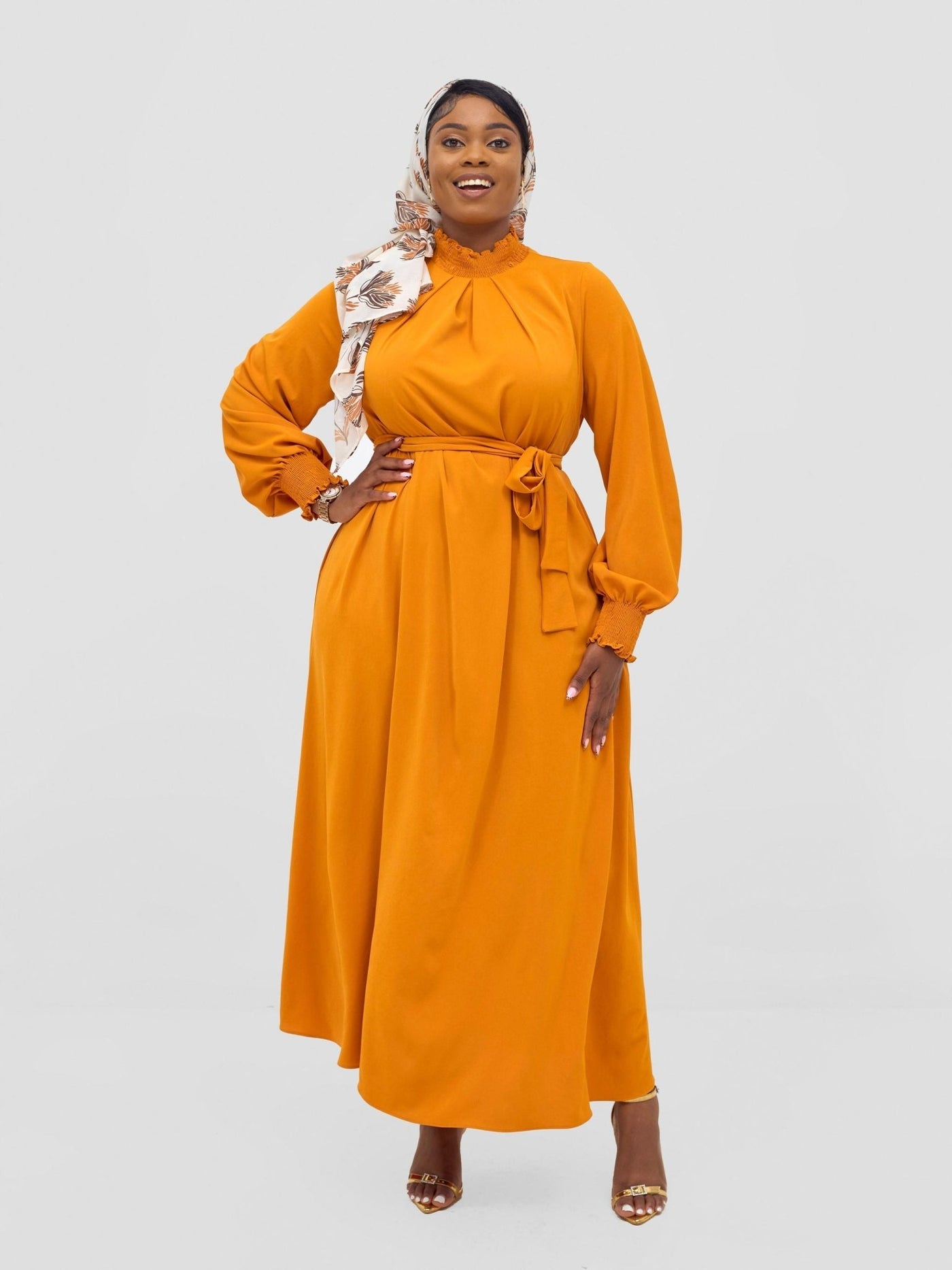 Vivo Ayah Shirred Neck Tent Maxi Dress - Mustard - Shopzetu