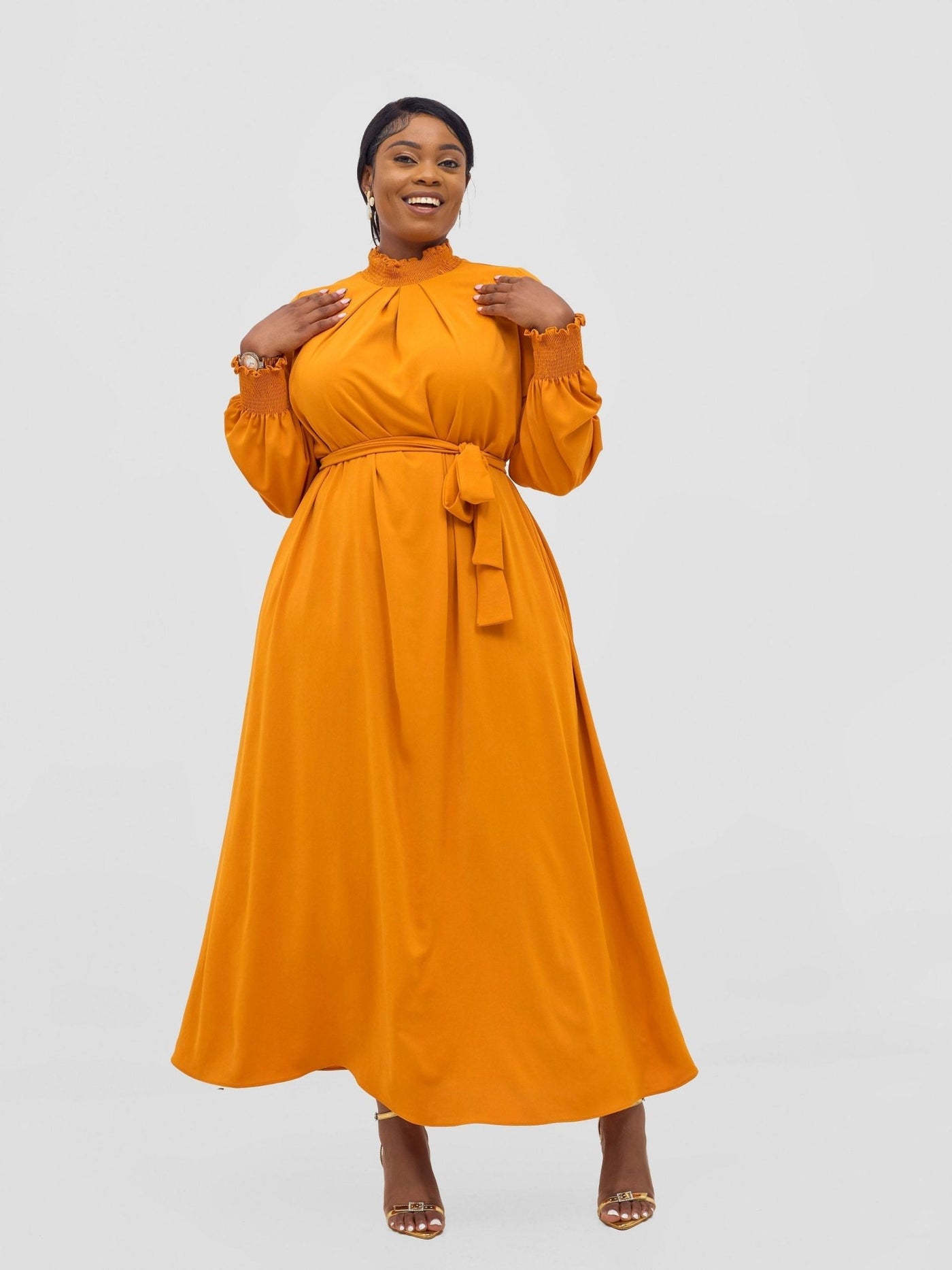 Vivo Ayah Shirred Neck Tent Maxi Dress - Mustard - Shopzetu