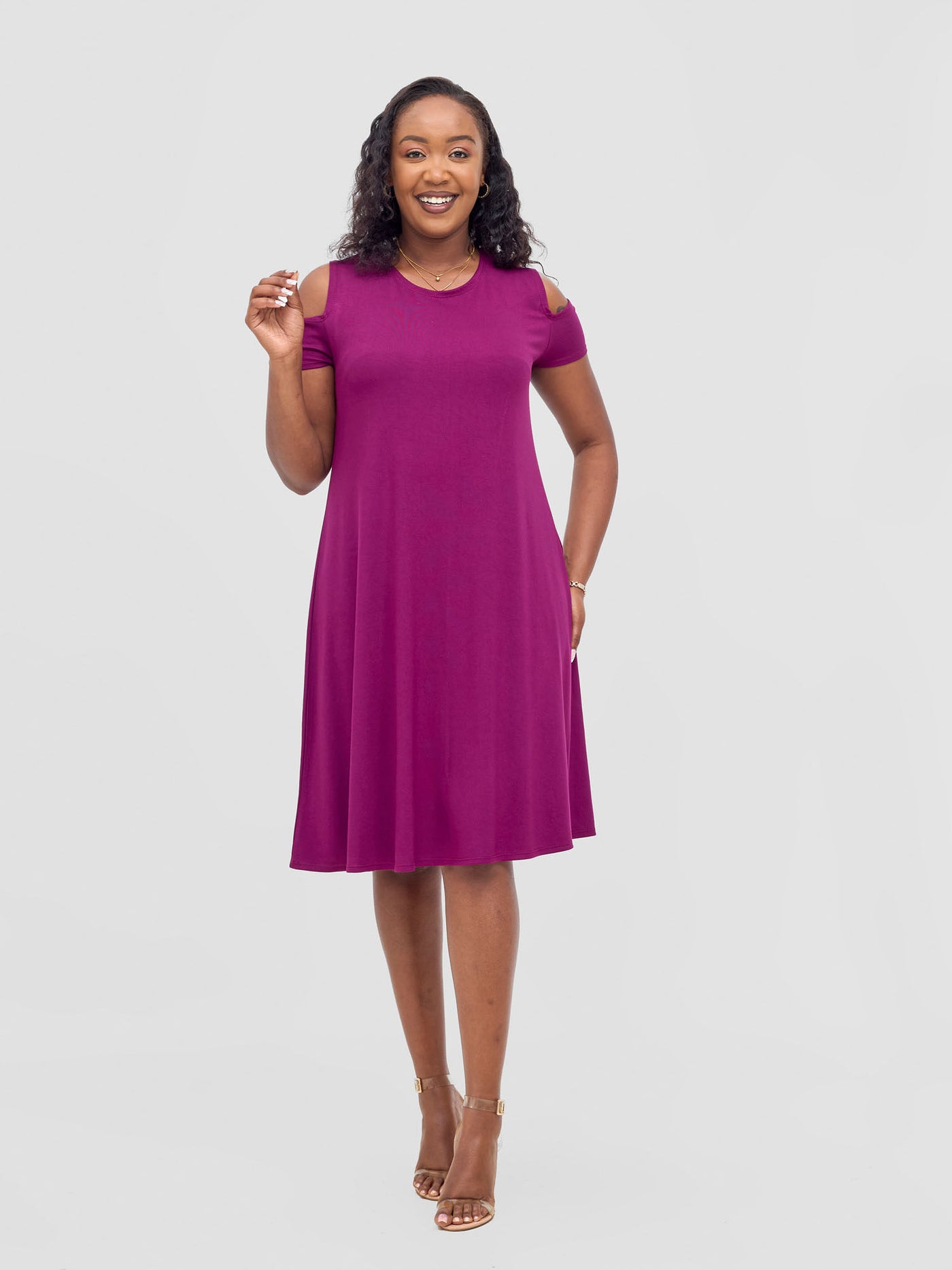 Vivo Lamu Knee Length Cold Shoulder Dress - Burgundy