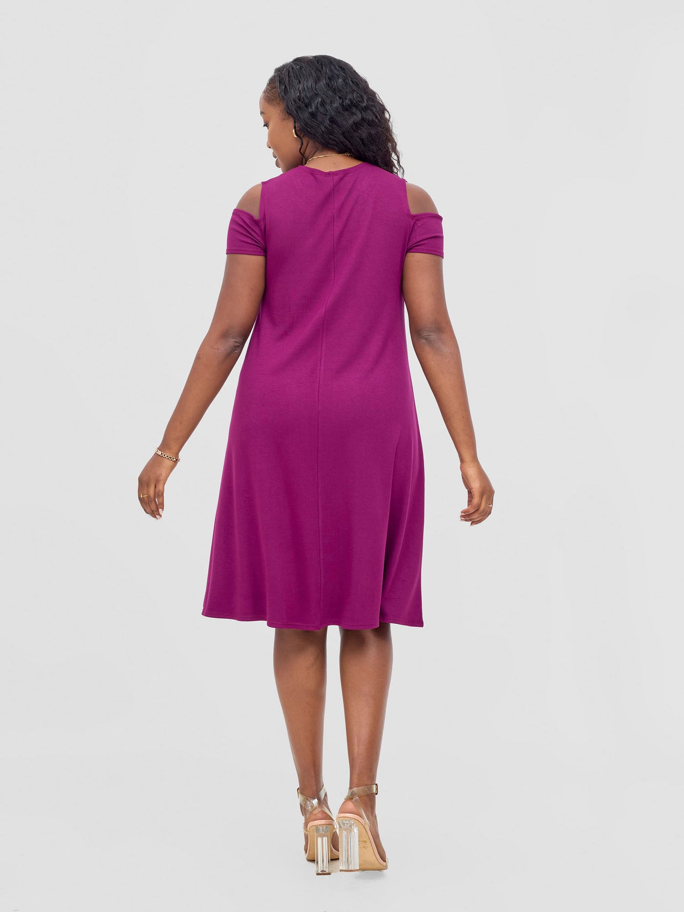 Vivo Lamu Knee Length Cold Shoulder Dress - Burgundy