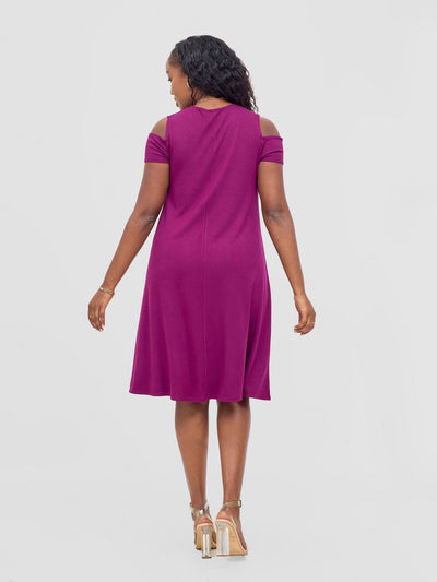 Vivo Lamu Knee Length Cold Shoulder Dress - Burgundy