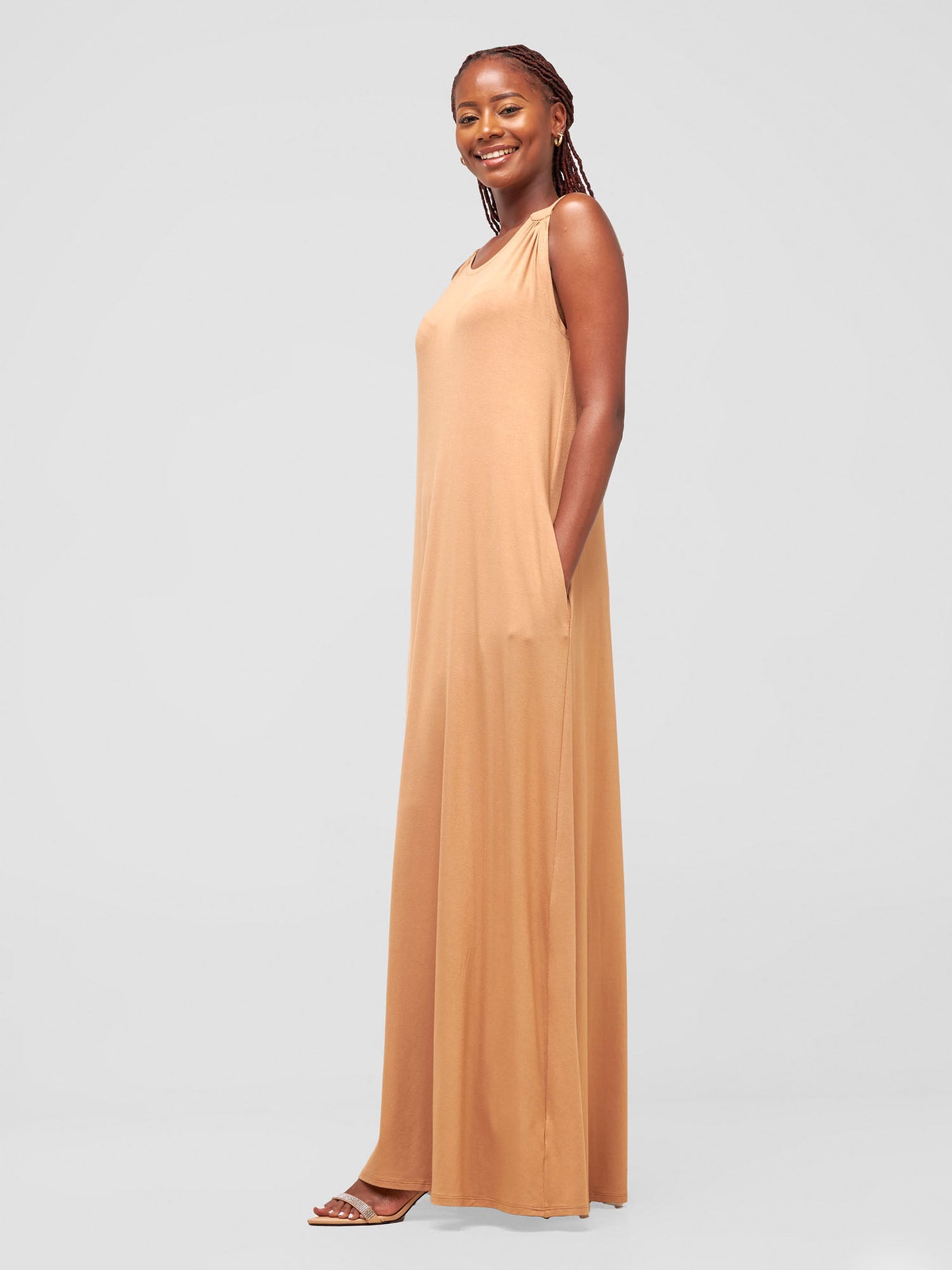 Vivo Safiya Gathered Shoulder Maxi Dress - Tan