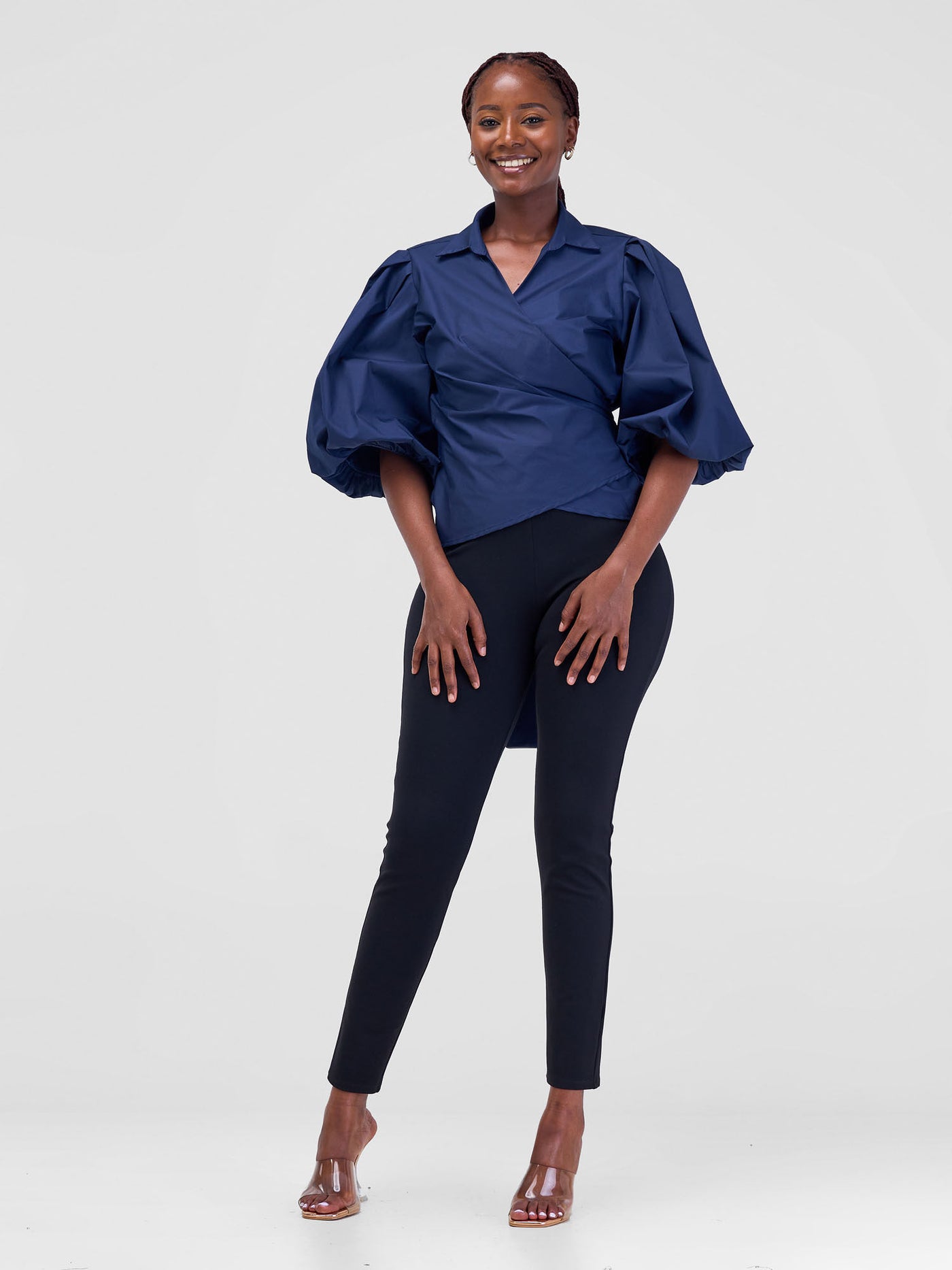 Safari by Vivo Mali 3/4 Bishop Sleeve  Tie Top - Navy Blue