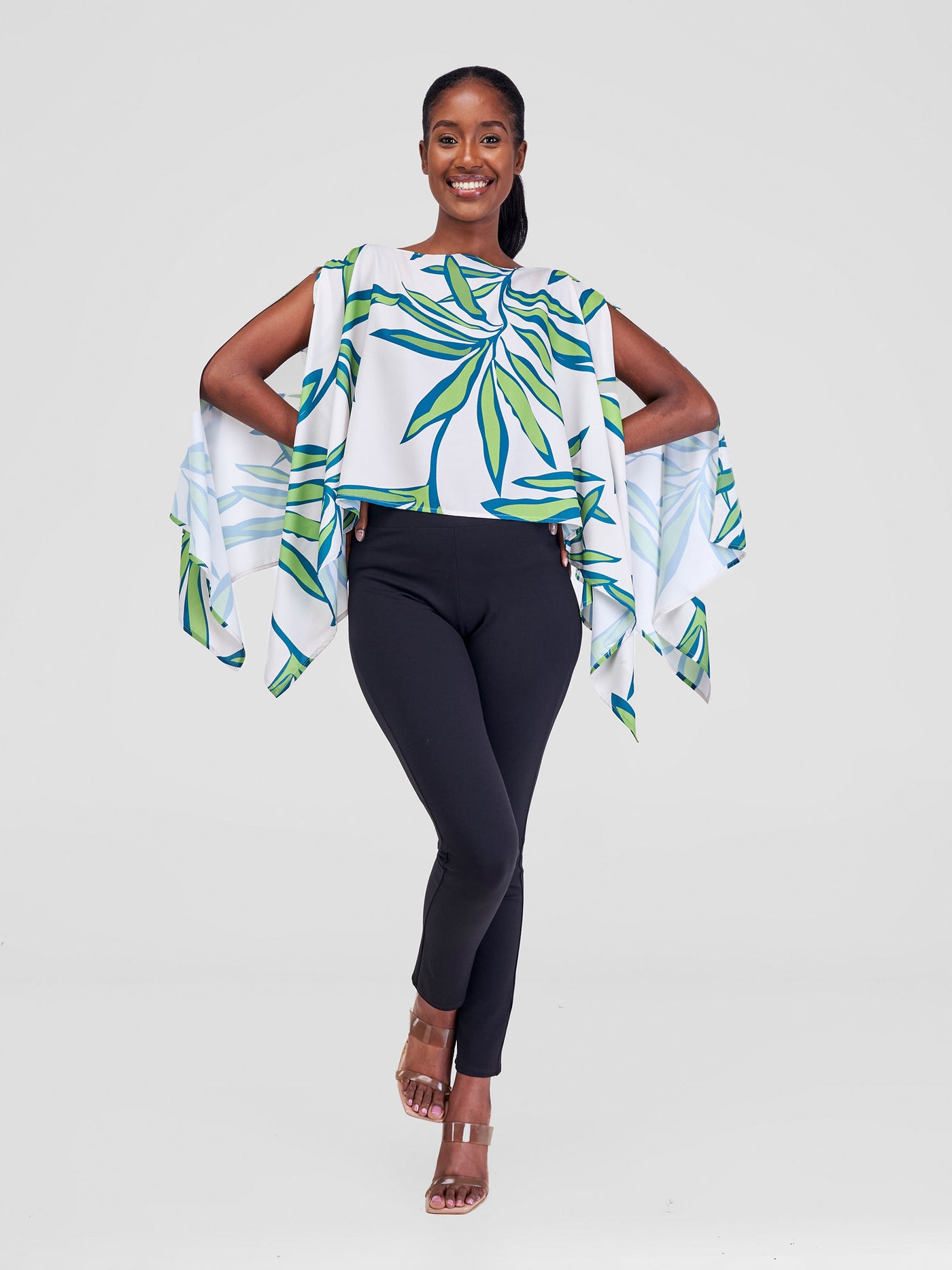 Vivo Sanyu Boat Neck Midriff Top - Taupe / Green Lemi Print