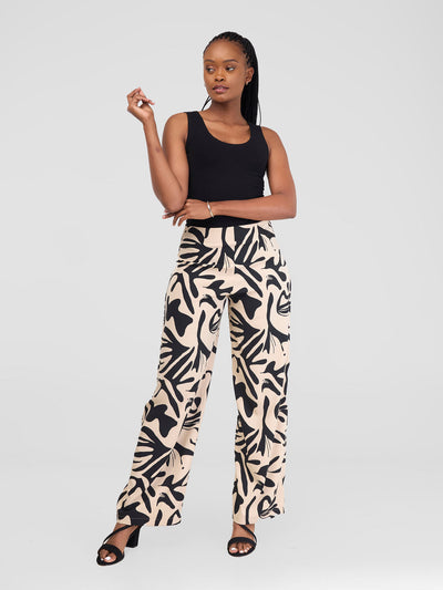 Vivo Zahari Straight Leg Pants - Beige / Black Zari Print