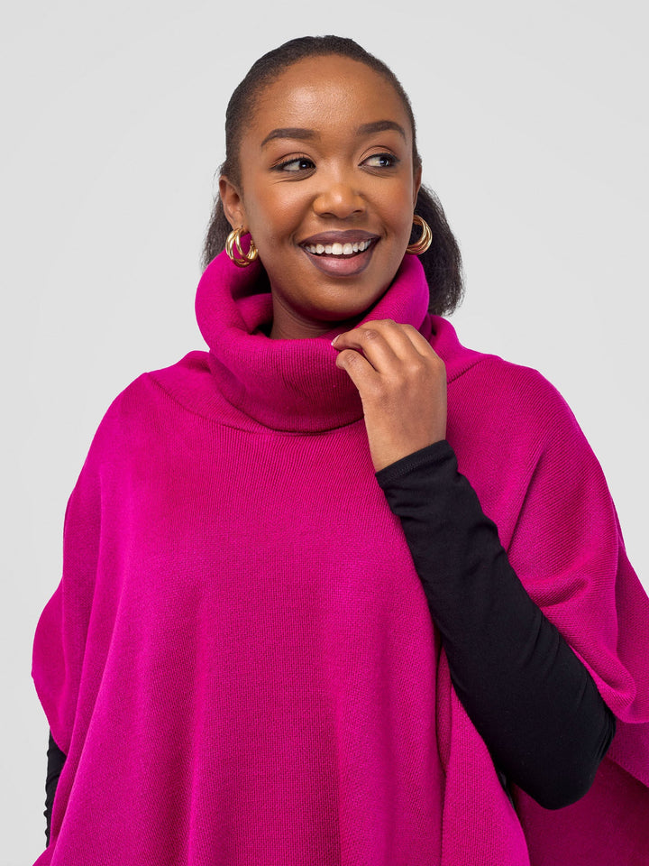 Vivo Turtleneck Knit Fringe Poncho - Fuchsia