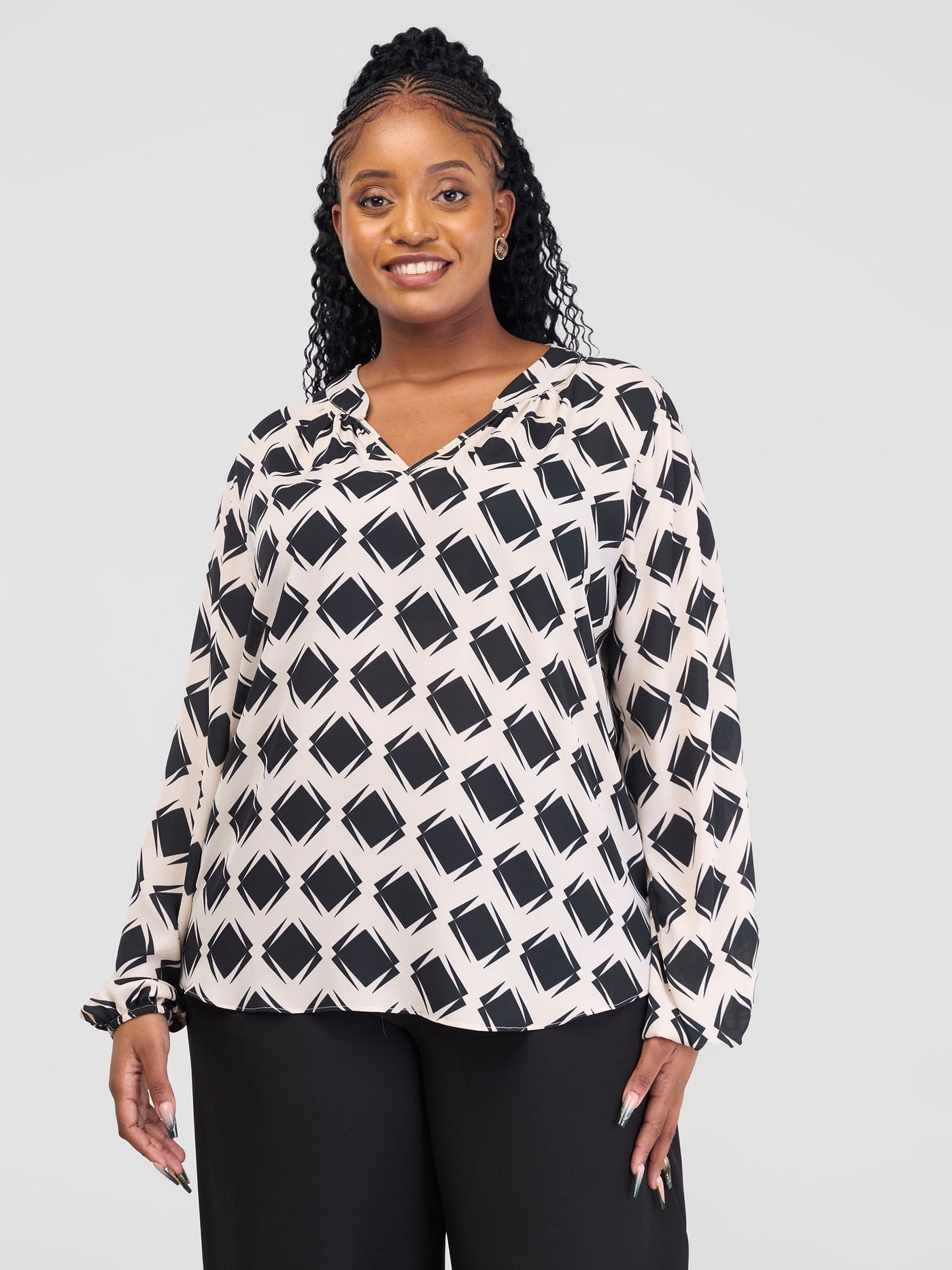 Vivo Saida Bishop Sleeve Top - Light cream / Black Gola Print