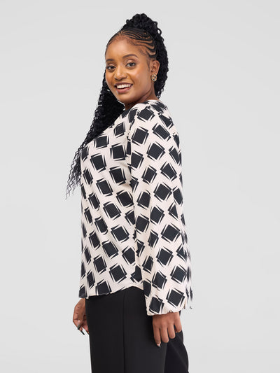 Vivo Saida Bishop Sleeve Top - Light cream / Black Gola Print