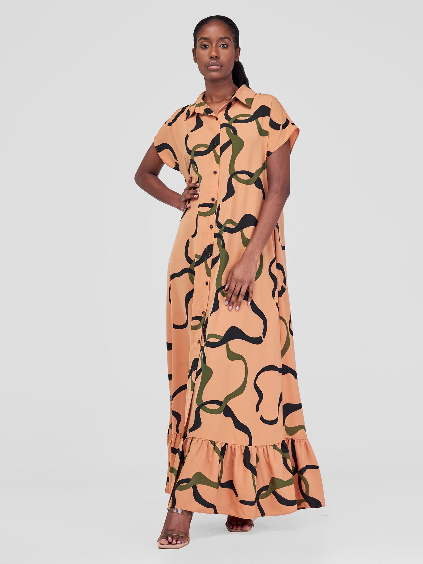 Vivo Asha Drop Shoulder Maxi Shirt Dress - Golden Nut / Black Milo Print