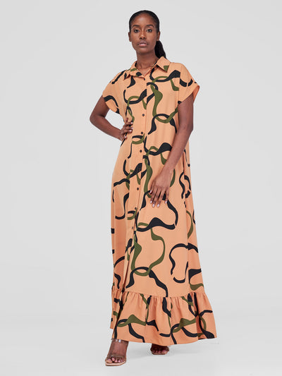 Vivo Asha Drop Shoulder Maxi Shirt Dress - Golden Nut / Black Milo Print