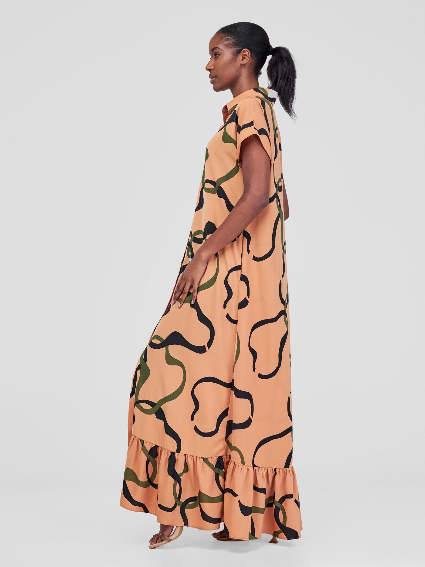 Vivo Asha Drop Shoulder Maxi Shirt Dress - Golden Nut / Black Milo Print