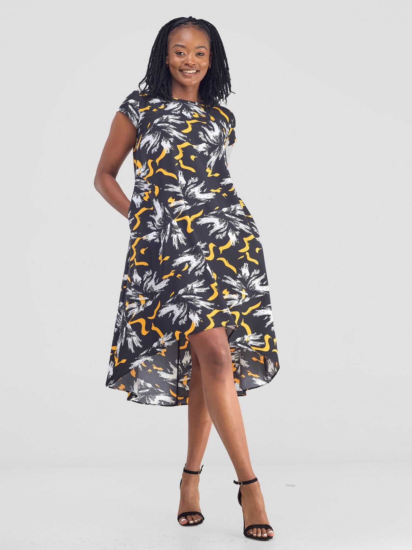 Vivo Jema High Low Tent Dress - Yellow / Black Print