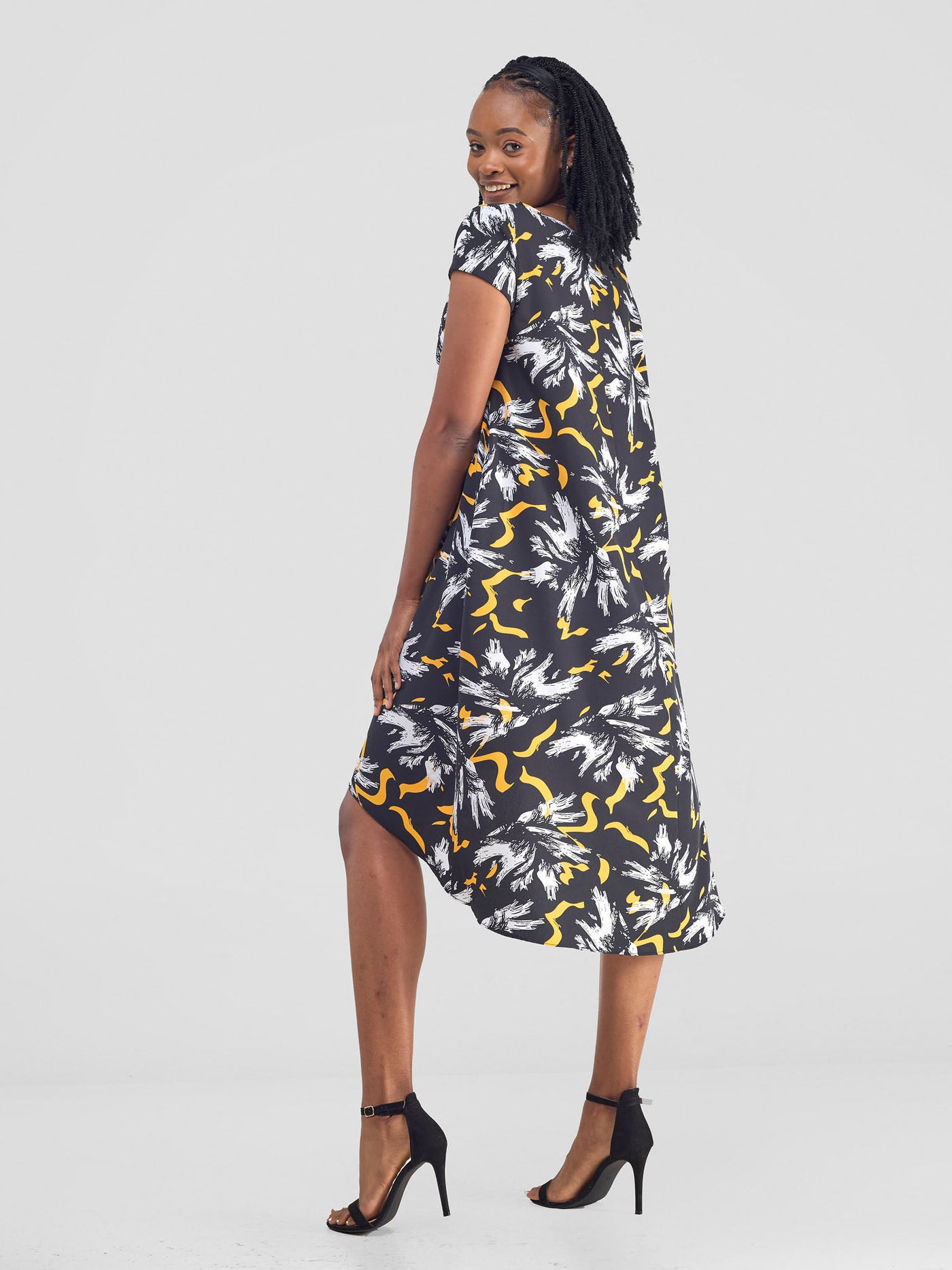 Vivo Jema High Low Tent Dress - Yellow / Black Print