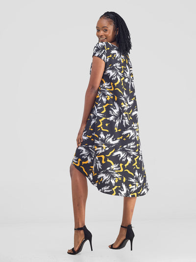 Vivo Jema High Low Tent Dress - Yellow / Black Print