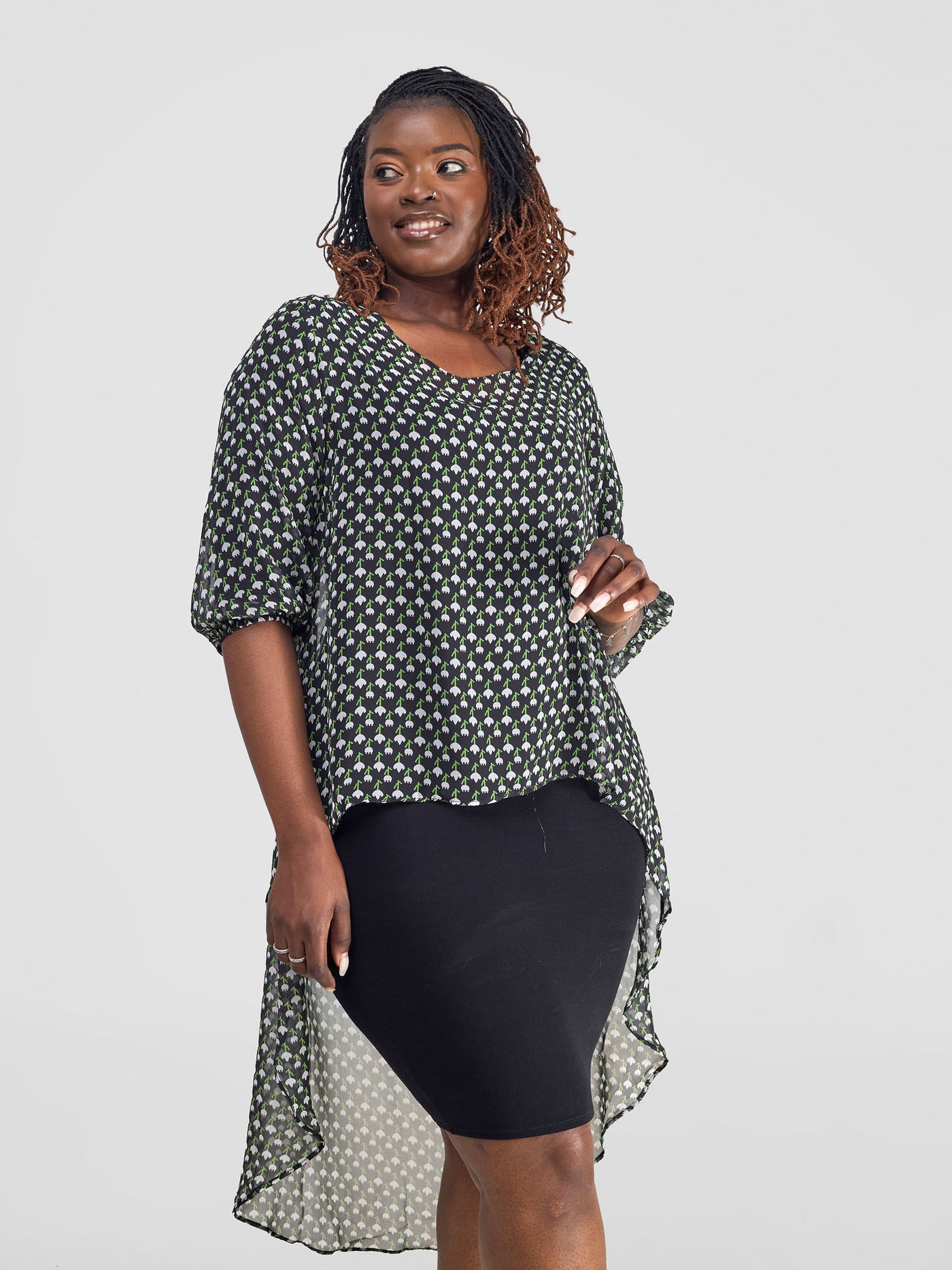 Vivo Basic Nalia High-low Chiffon Top - Black / Green Print