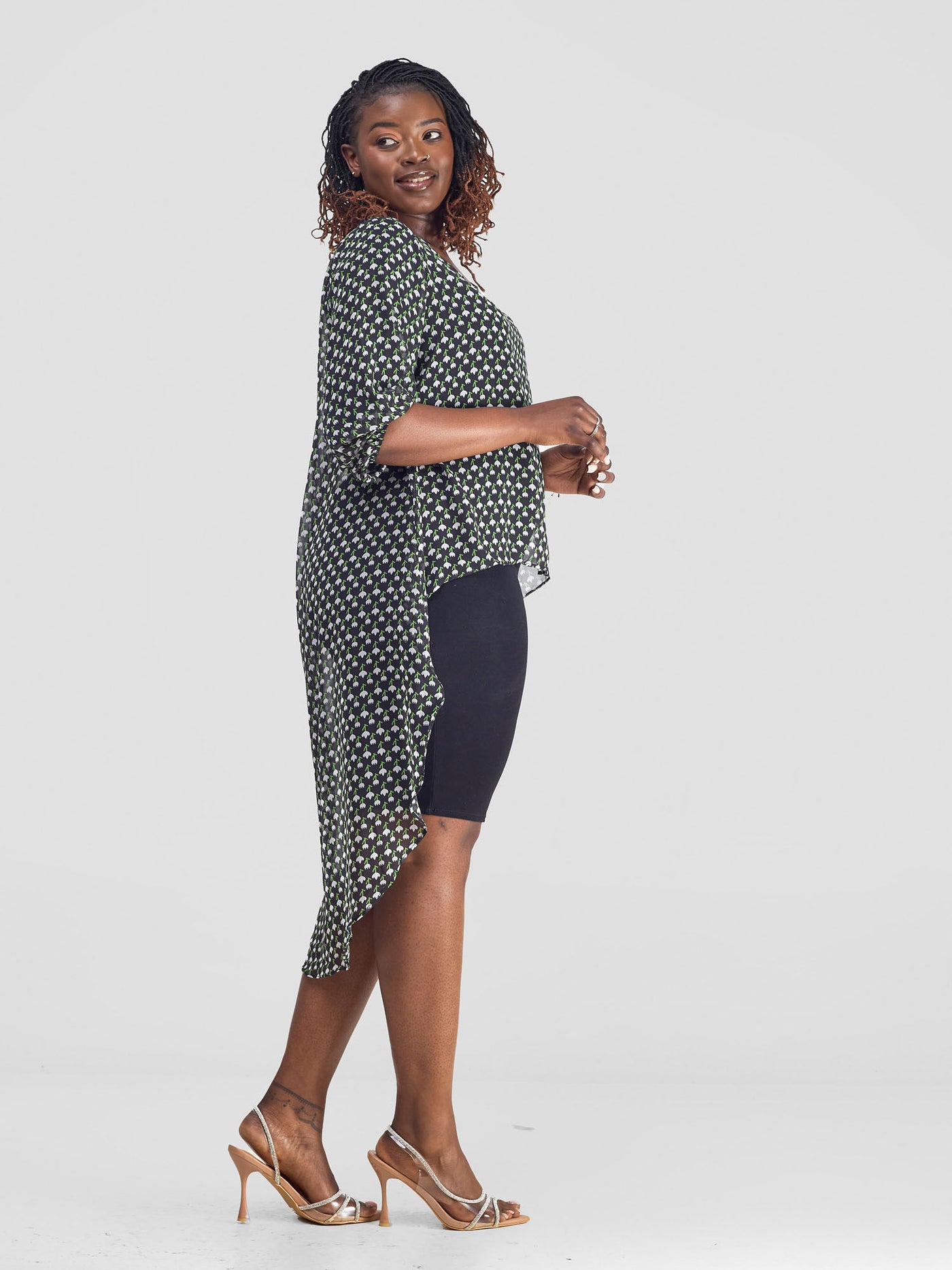 Vivo Basic Nalia High-low Chiffon Top - Black / Green Print