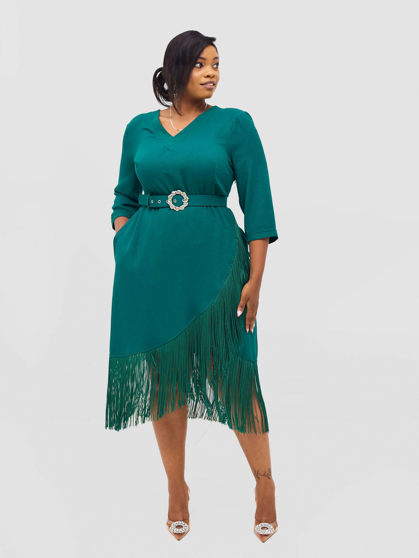 Elegance Fashion Tassels Belted Dress - Green - Shopzetu