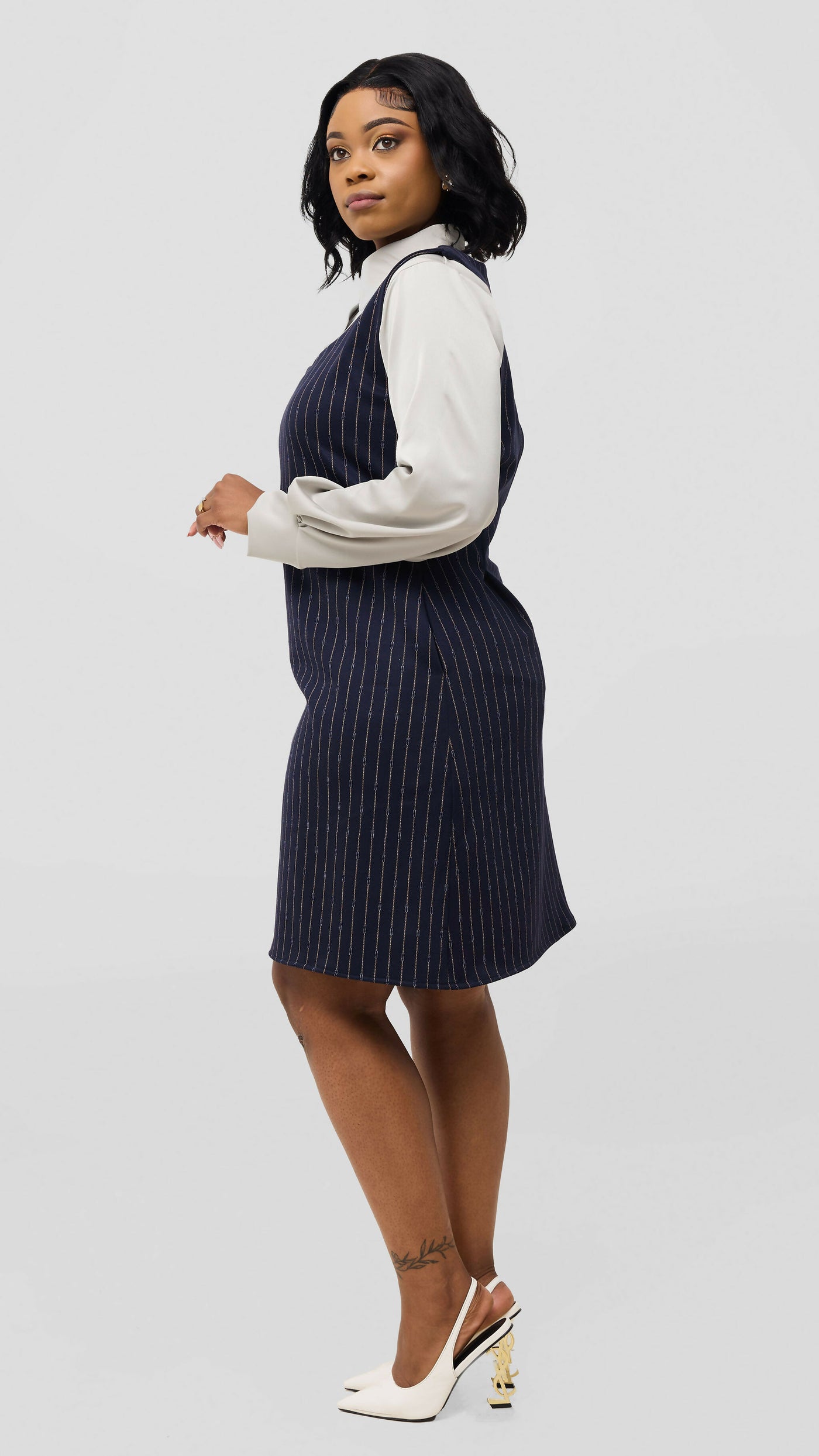 Silk House Collection Curvy Plus Size Amara Dress - Navy Blue Pinstripe