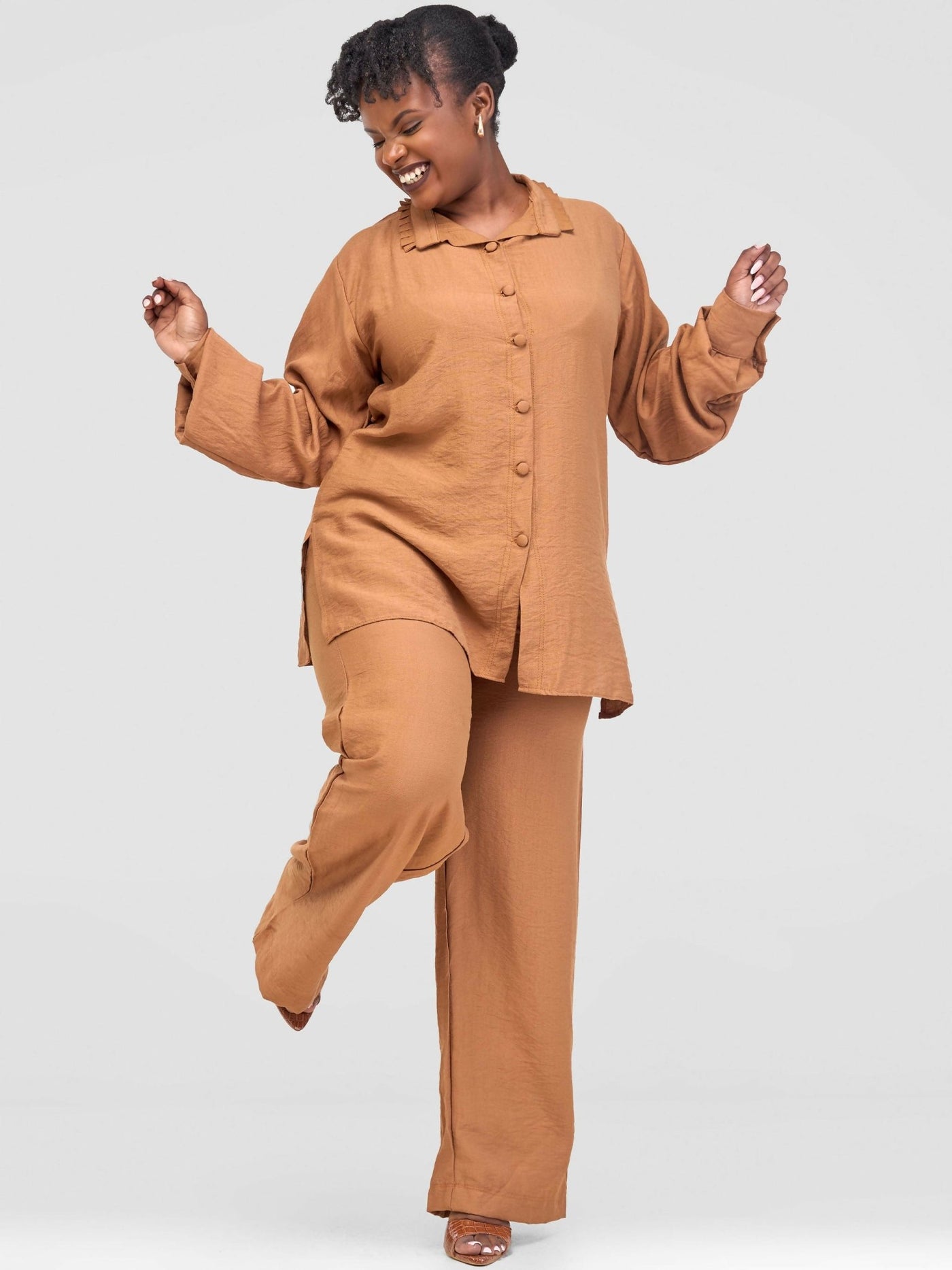 Inroses Linen Pant Set - Nude / Brown - Shopzetu