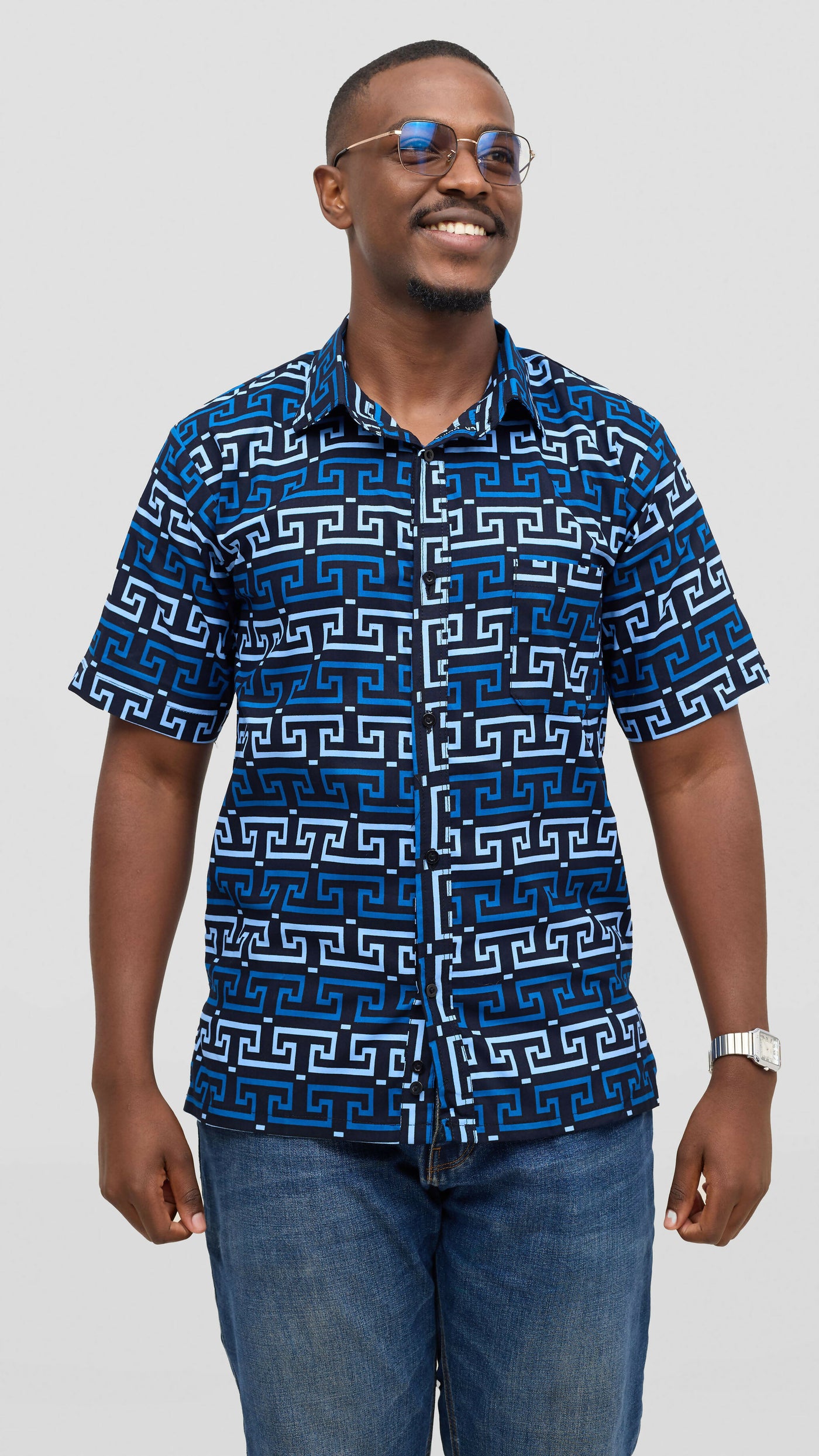 Rafiki Threads Curvy Plus Size African Heritage Shirt - Blue Print