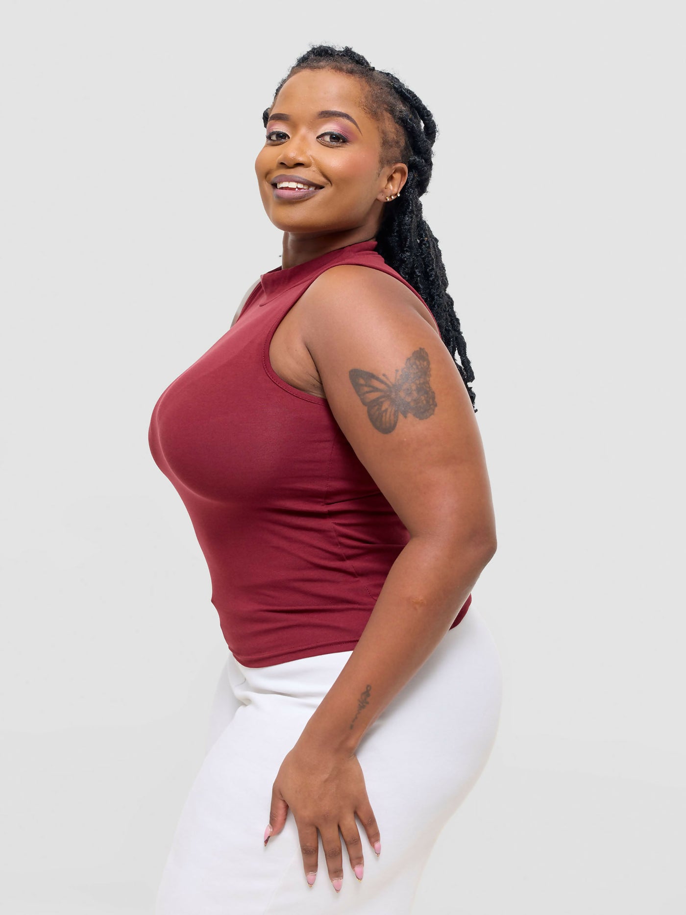 Anel's Knitwear Sleeveless Turtle Neck Top - Maroon - Shopzetu