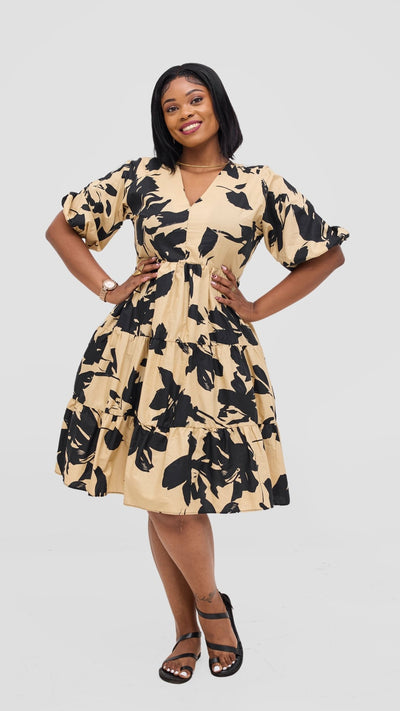 Safari Naledi Bishop Sleeve Tiered Dress - Beige / Black Wia Print - Shopzetu