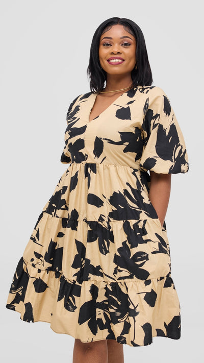 Safari Naledi Bishop Sleeve Tiered Dress - Beige / Black Wia Print - Shopzetu