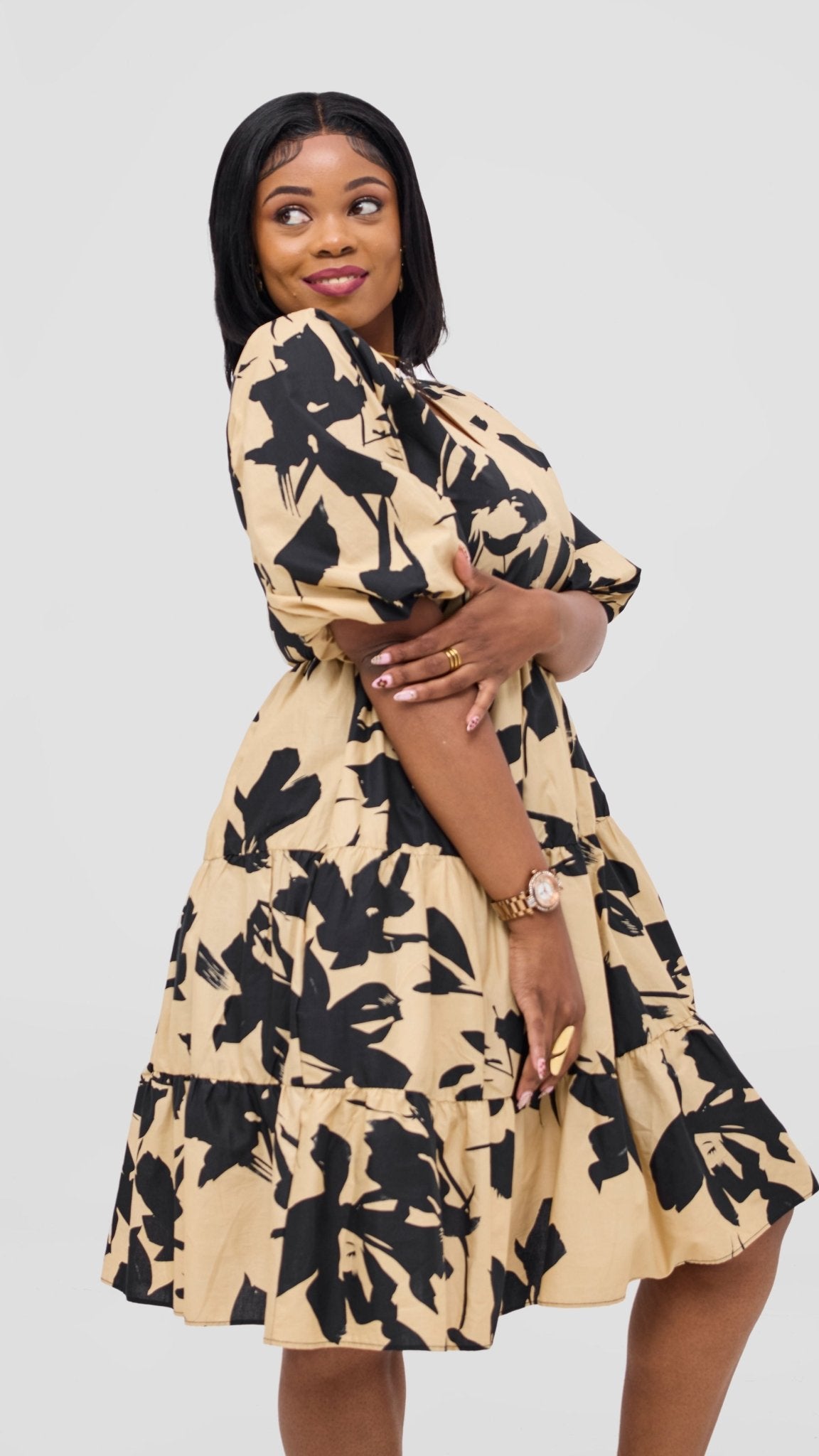 Safari Naledi Bishop Sleeve Tiered Dress - Beige / Black Wia Print - Shopzetu