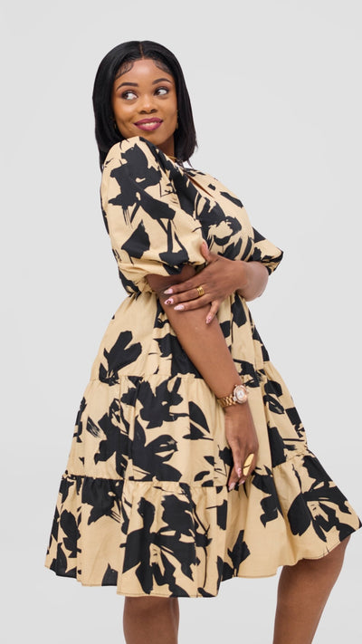 Safari Naledi Bishop Sleeve Tiered Dress - Beige / Black Wia Print - Shopzetu