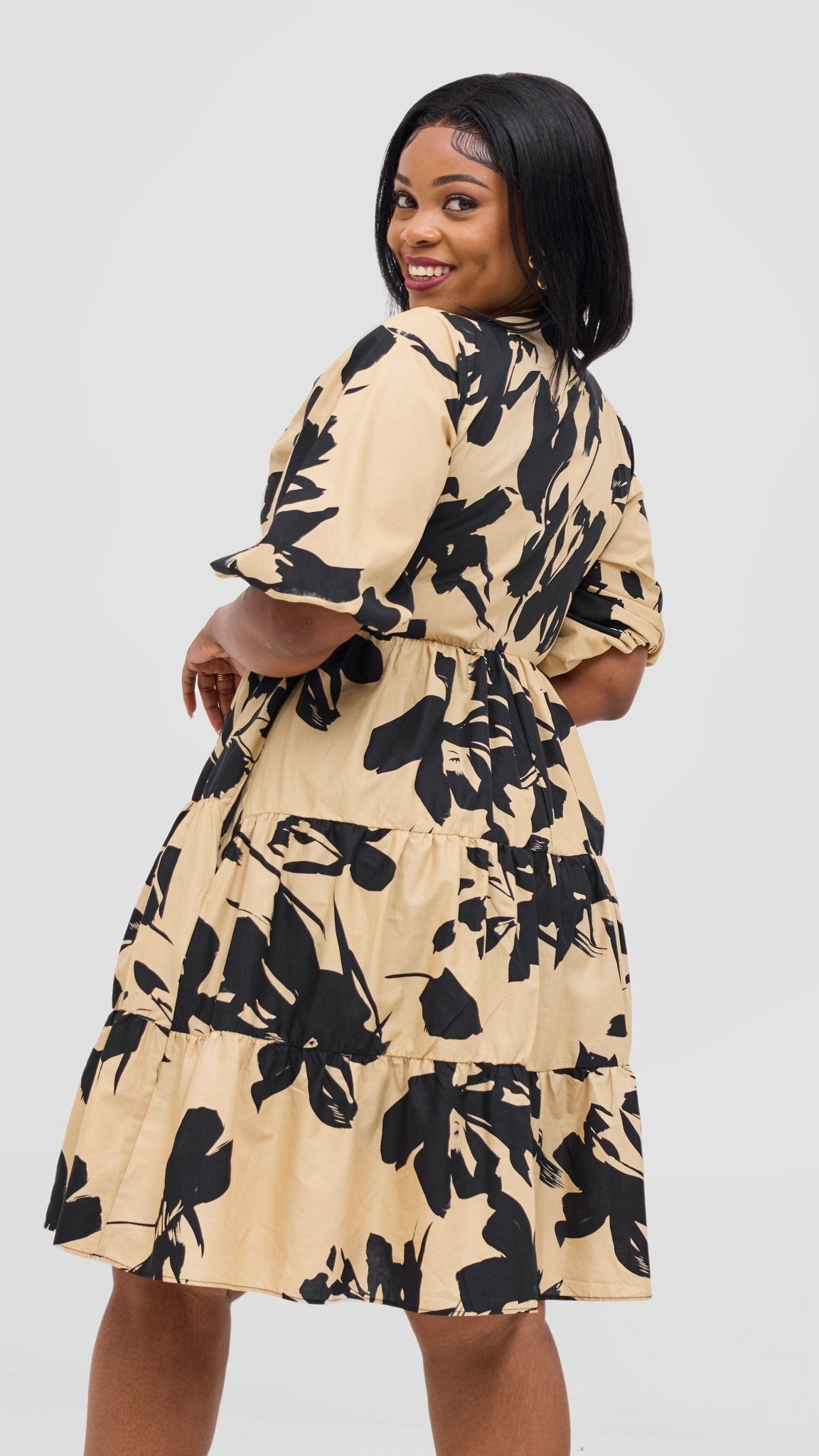 Safari Naledi Bishop Sleeve Tiered Dress - Beige / Black Wia Print - Shopzetu