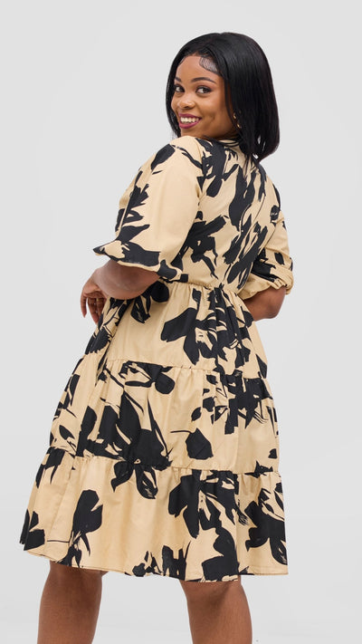 Safari Naledi Bishop Sleeve Tiered Dress - Beige / Black Wia Print - Shopzetu