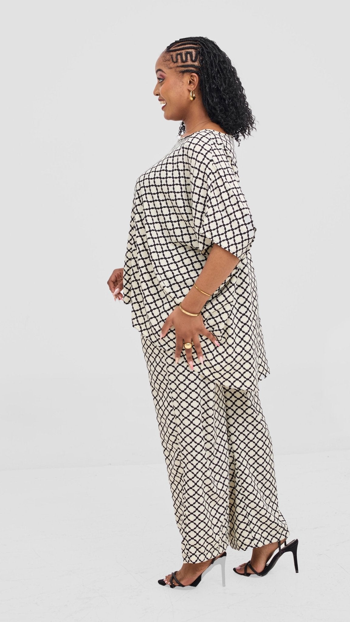 Vivo Maisha Top & Pant Set - Cream / Black Print - Shopzetu