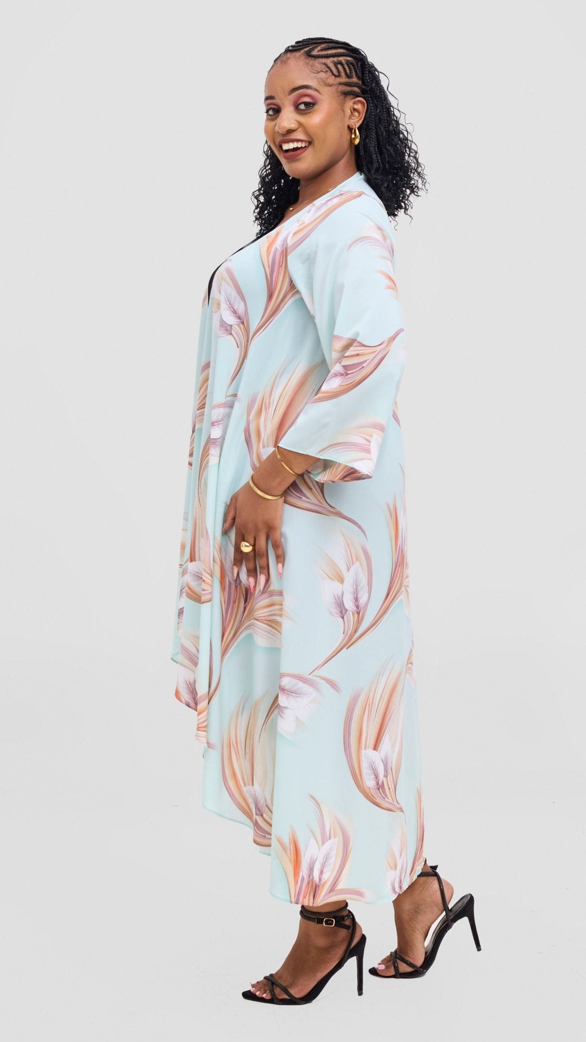 Vivo Maisha Long Sleeve High Low Kimono - Mint / Beige Tawi Print - Shopzetu