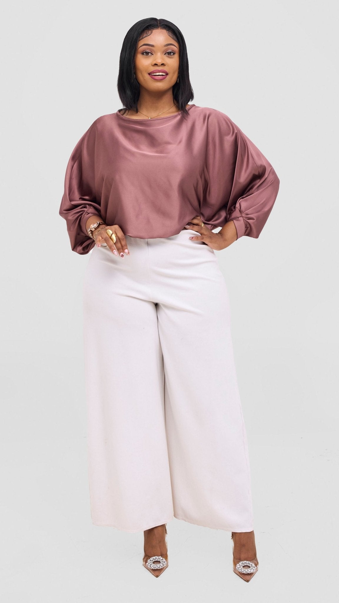 Vivo Sawari Crossed Cuff Batwing Top - Dark Brown - Shopzetu