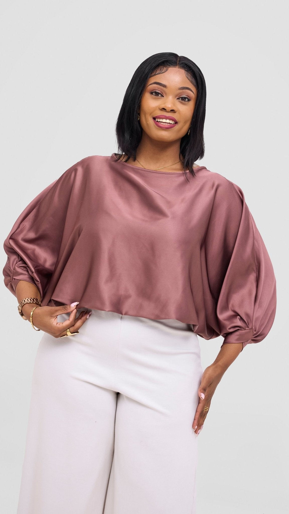 Vivo Sawari Crossed Cuff Batwing Top - Dark Brown - Shopzetu