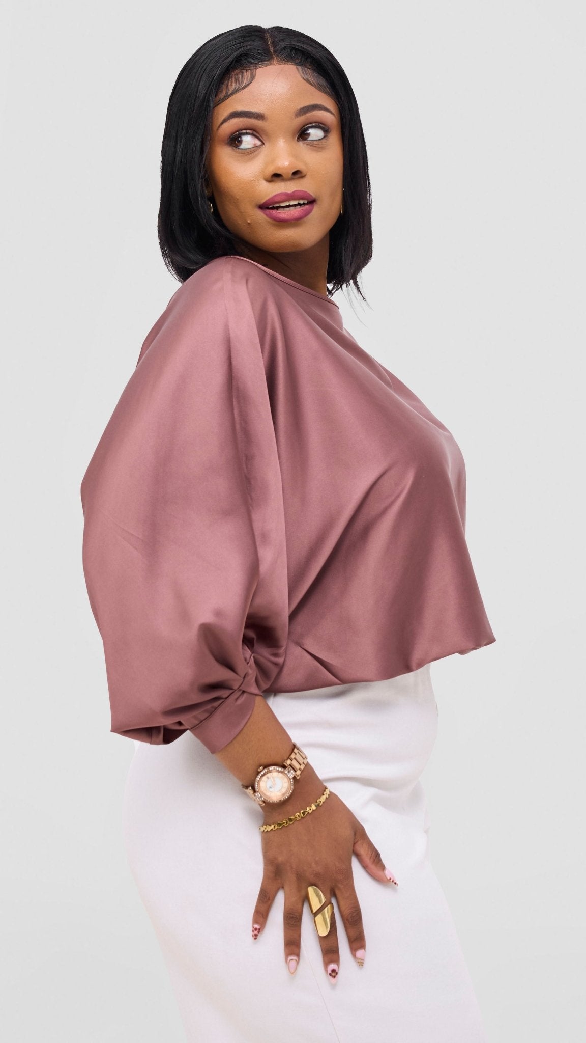 Vivo Sawari Crossed Cuff Batwing Top - Dark Brown - Shopzetu