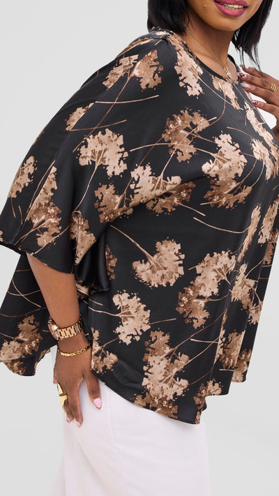 Vivo Keza Circular Loose Top - Black / Taupe Aez Print - Shopzetu