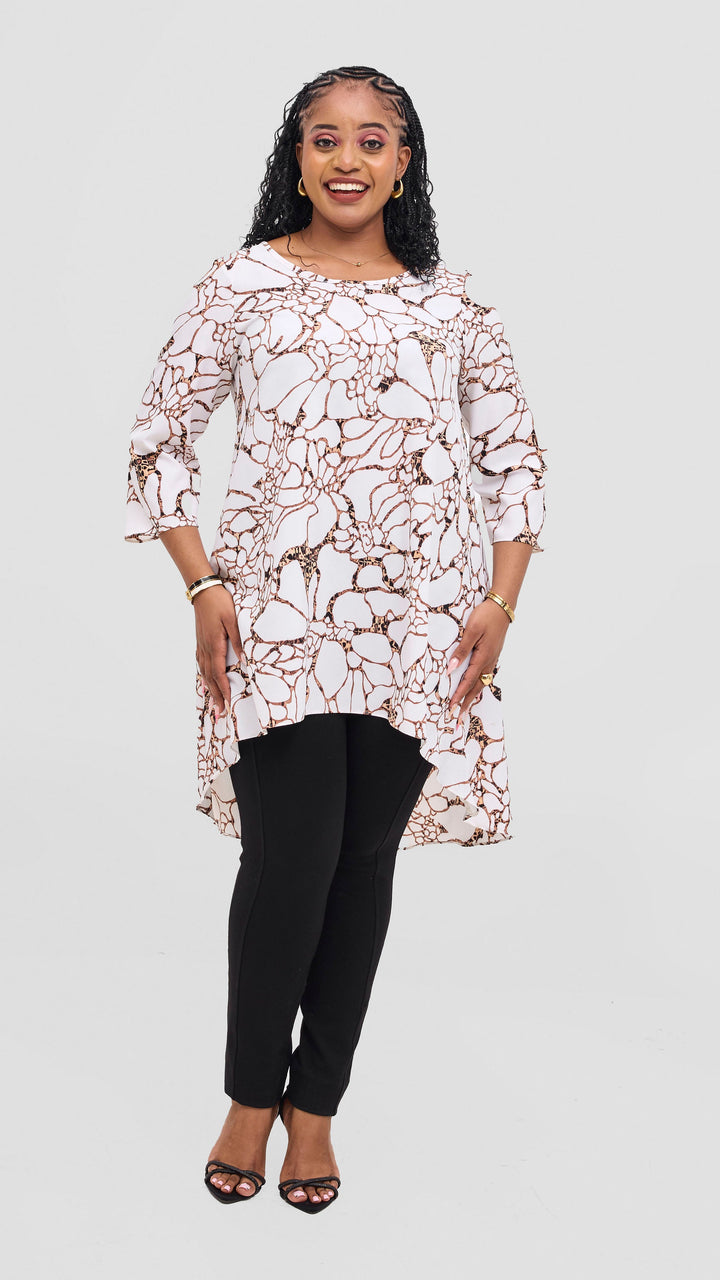 Vivo Maisha 3/4 Sleeve High Low Top - Off White / Dark Peach Print
